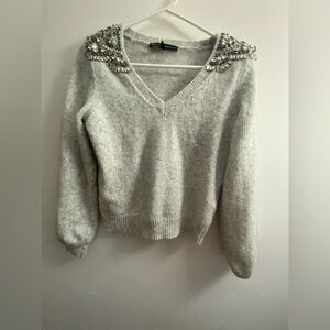WHITE HOUSE BLACK MARKET EMBELLISHED GRAY SWEATER SZ S